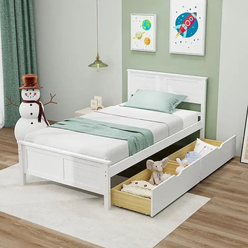 Cadre de lit en bois Gymax double/complet avec 2 tiroirs de rangement et sous-lit