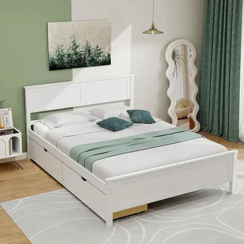 Cadre de lit en bois Gymax double/complet avec 2 tiroirs de rangement et sous-lit
