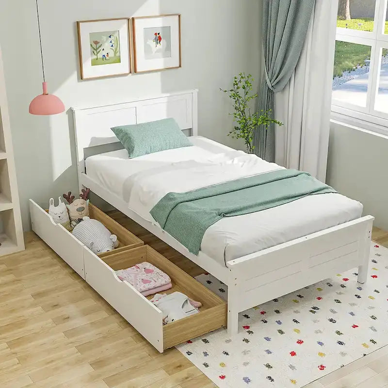 Cadre de lit en bois Gymax double/complet avec 2 tiroirs de rangement et sous-lit