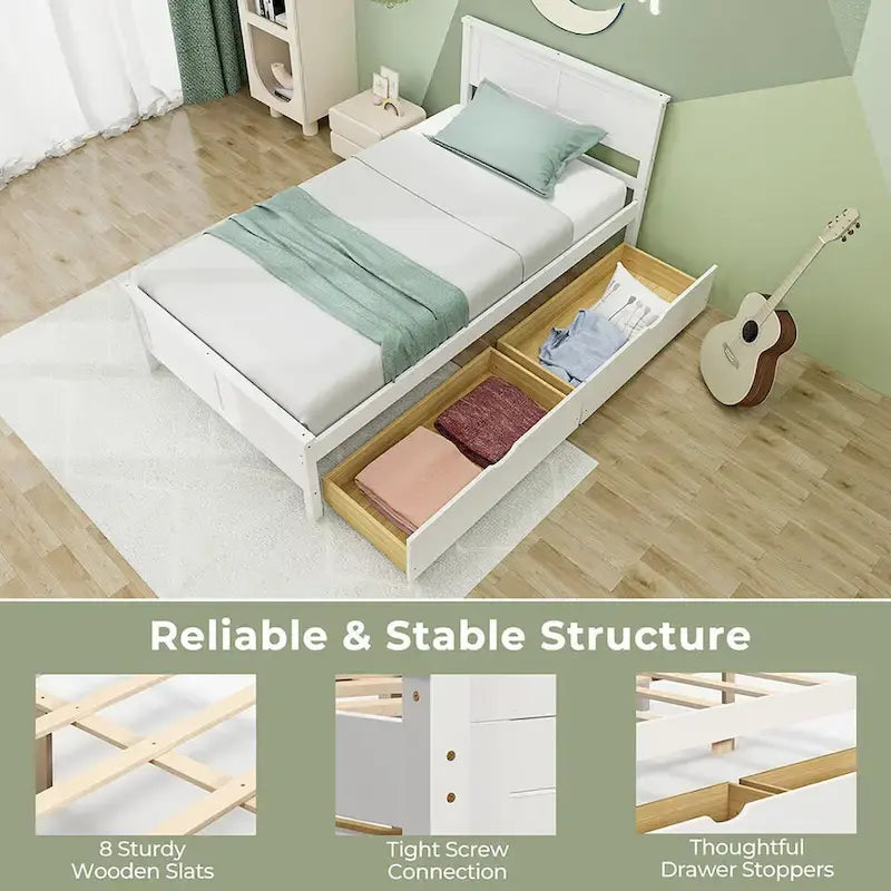 Cadre de lit en bois Gymax double/complet avec 2 tiroirs de rangement et sous-lit
