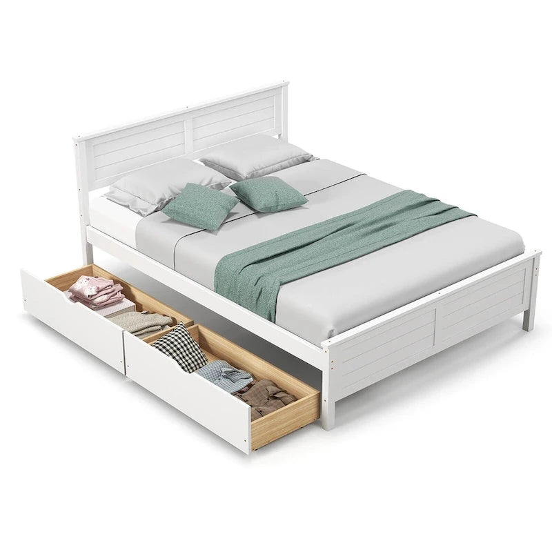 Cadre de lit en bois Gymax double/complet avec 2 tiroirs de rangement et sous-lit