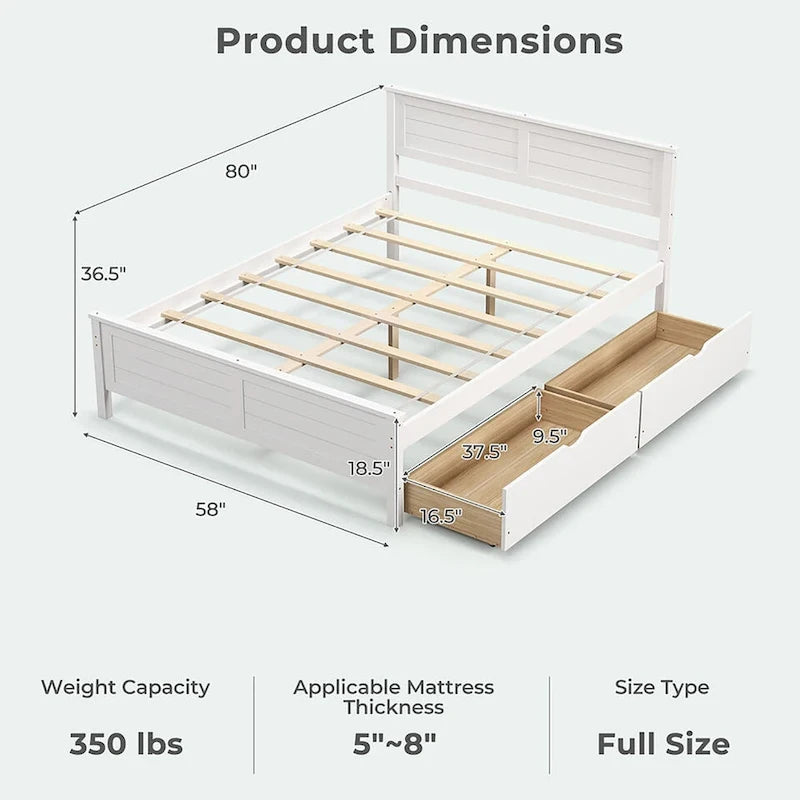Cadre de lit en bois Gymax double/complet avec 2 tiroirs de rangement et sous-lit