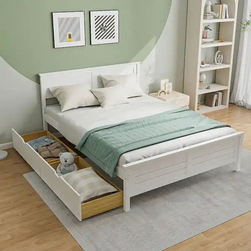 Cadre de lit en bois Gymax double/complet avec 2 tiroirs de rangement et sous-lit