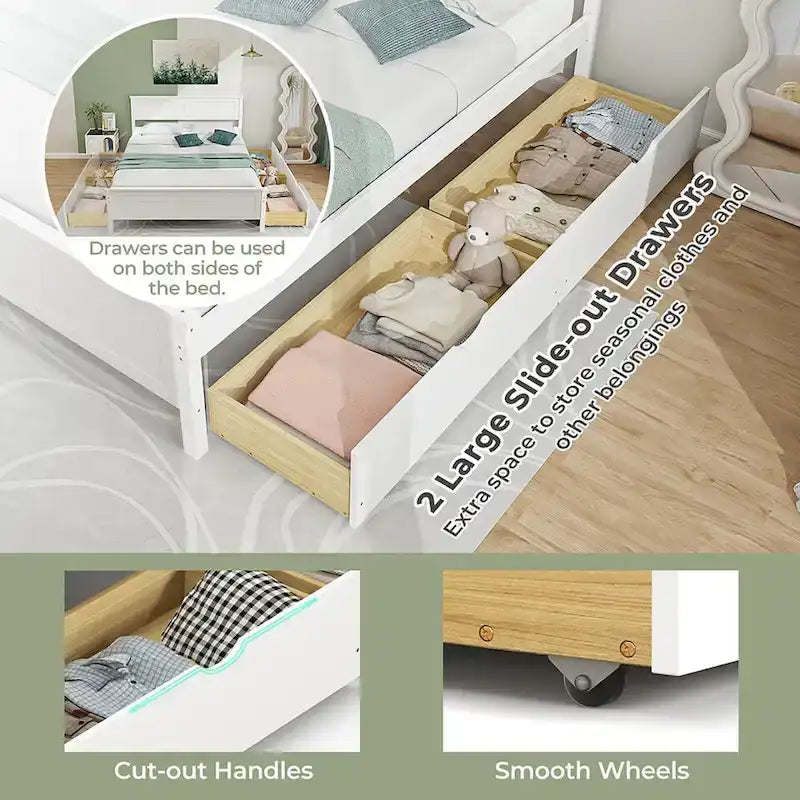 Cadre de lit en bois Gymax double/complet avec 2 tiroirs de rangement et sous-lit