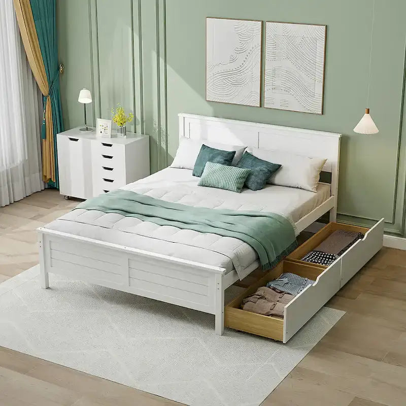 Cadre de lit en bois Gymax double/complet avec 2 tiroirs de rangement et sous-lit