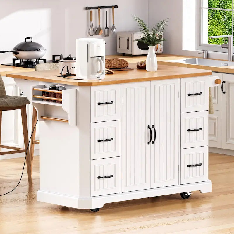 Îlot de cuisine de 56 pouces avec plateau rabattable en placage de bois d'hévéa (tabouret non inclus)