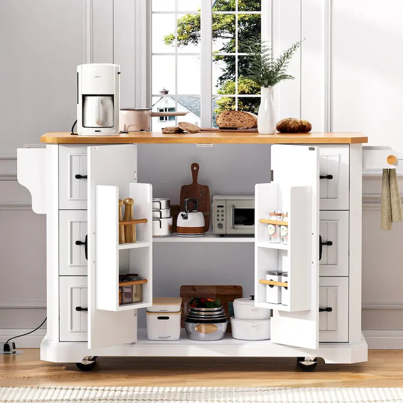 Îlot de cuisine de 56 pouces avec plateau rabattable en placage de bois d'hévéa (tabouret non inclus)