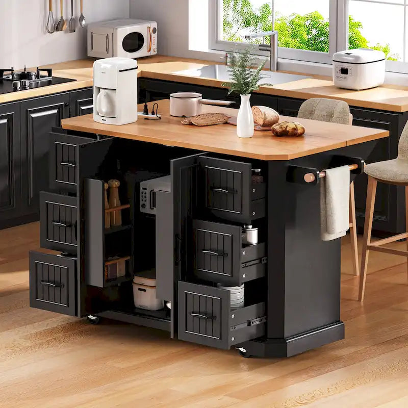 Îlot de cuisine de 56 pouces avec plateau rabattable en placage de bois d'hévéa (tabouret non inclus)