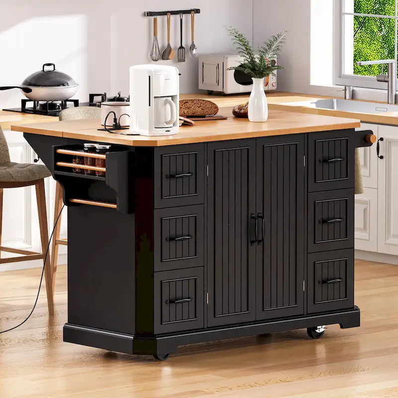 Îlot de cuisine de 56 pouces avec plateau rabattable en placage de bois d'hévéa (tabouret non inclus)