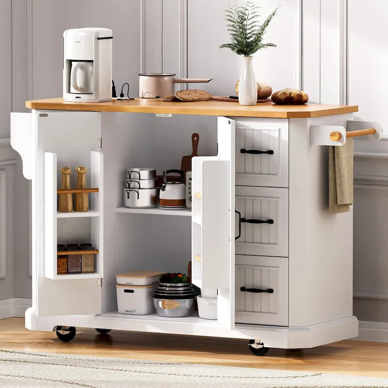 Îlot de cuisine de 56 pouces avec plateau rabattable en placage de bois d'hévéa (tabouret non inclus)