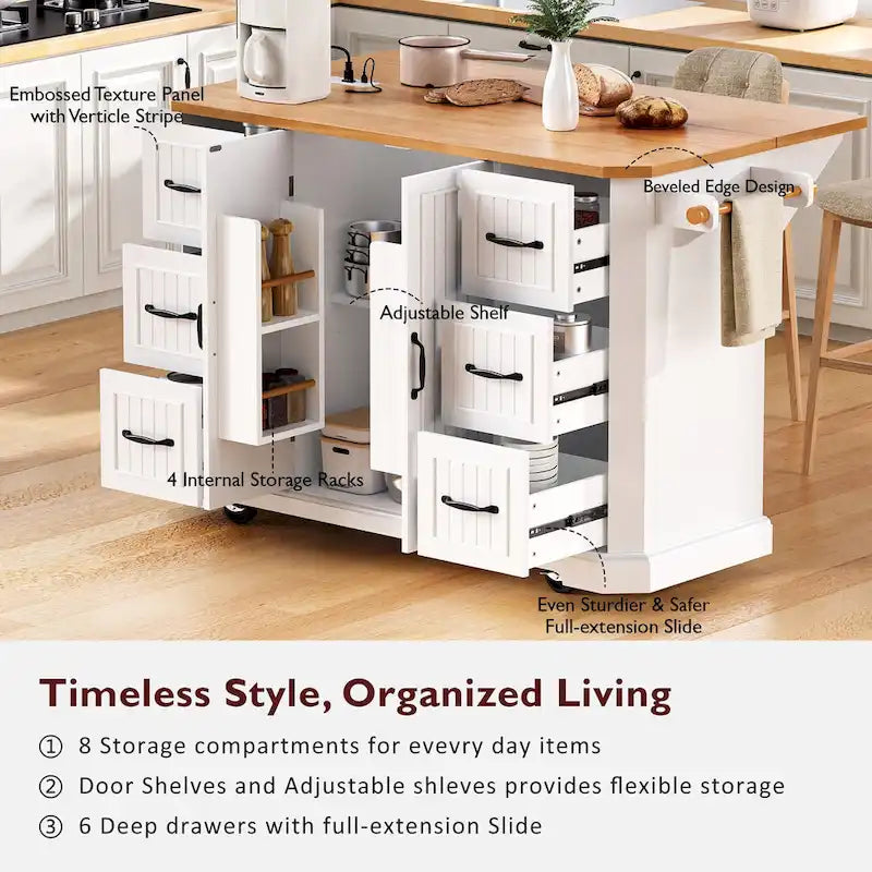 Îlot de cuisine de 56 pouces avec plateau rabattable en placage de bois d'hévéa (tabouret non inclus)