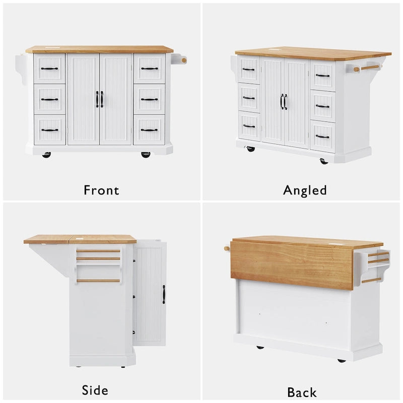 Îlot de cuisine de 56 pouces avec plateau rabattable en placage de bois d'hévéa (tabouret non inclus)
