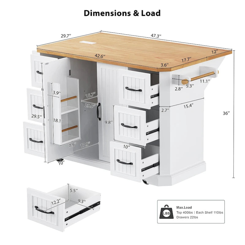 Îlot de cuisine de 56 pouces avec plateau rabattable en placage de bois d'hévéa (tabouret non inclus)