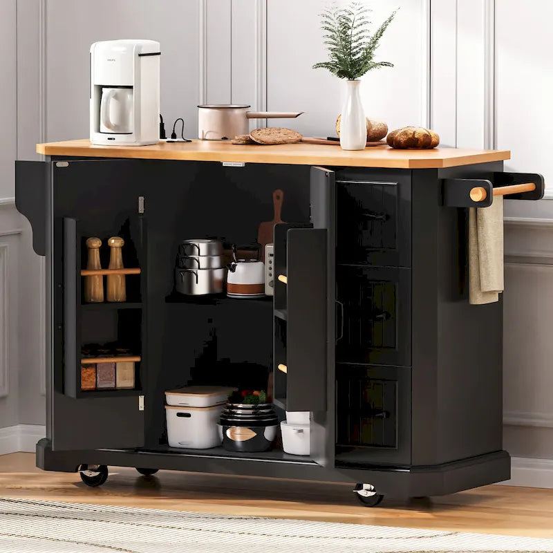 Îlot de cuisine de 56 pouces avec plateau rabattable en placage de bois d'hévéa (tabouret non inclus)