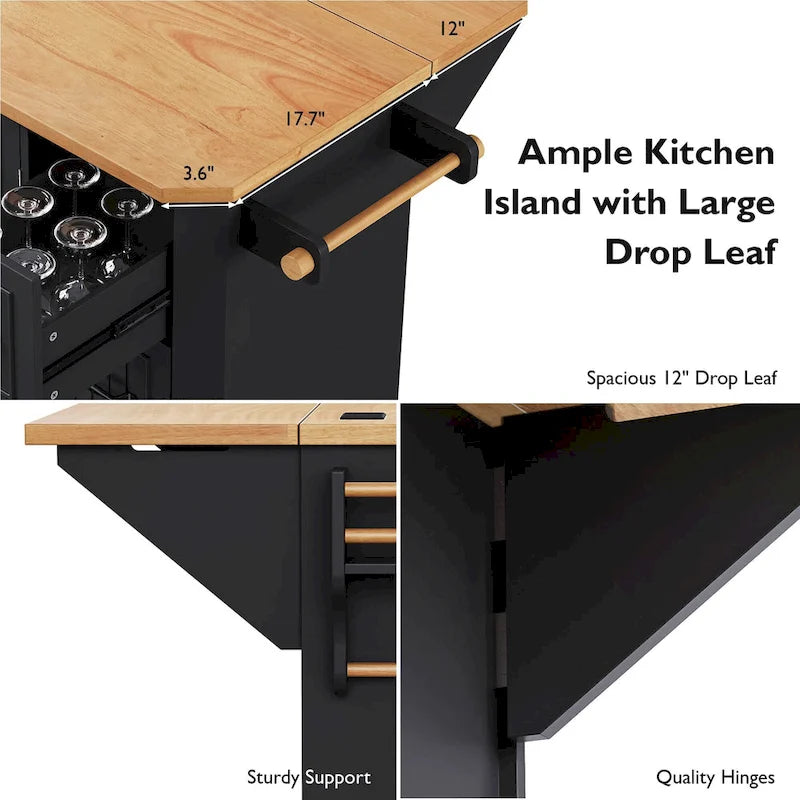Îlot de cuisine de 56 pouces avec plateau rabattable en placage de bois d'hévéa (tabouret non inclus)