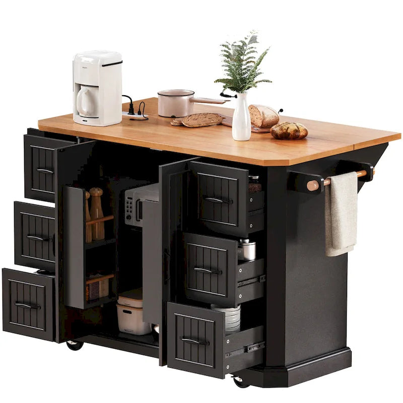 Îlot de cuisine de 56 pouces avec plateau rabattable en placage de bois d'hévéa (tabouret non inclus)