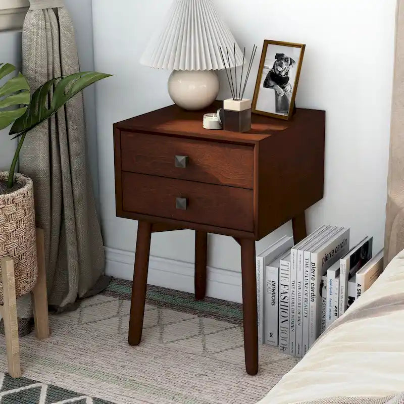 Table de chevet compacte à 2 tiroirs en bois style Mid-Century Modern