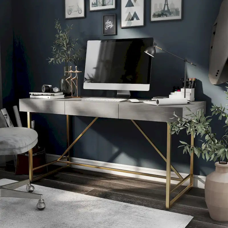Bureau informatique Vaiz Modern 60 pouces en métal avec 3 tiroirs