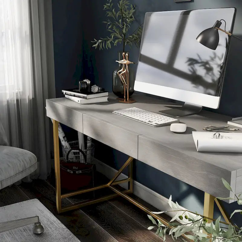 Bureau informatique Vaiz Modern 60 pouces en métal avec 3 tiroirs