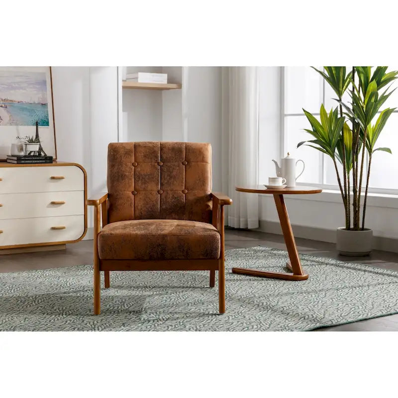 Fauteuil d'appoint capitonné en lin/PU pour salon/chambre à coucher avec pieds en bois