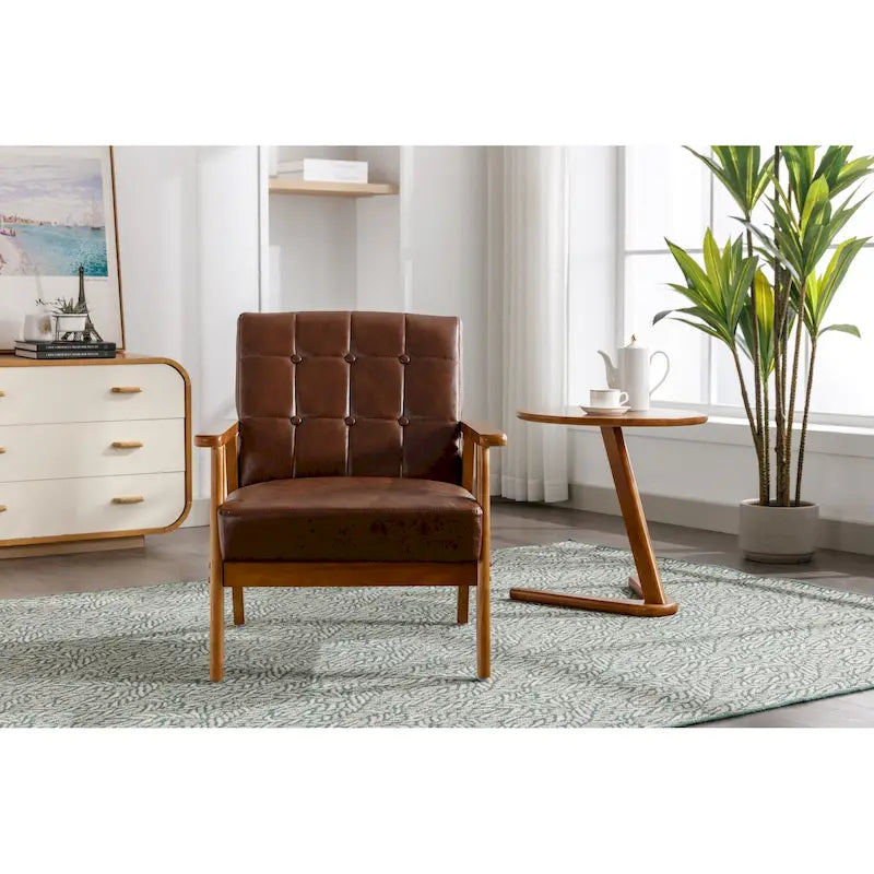 Fauteuil d'appoint capitonné en lin/PU pour salon/chambre à coucher avec pieds en bois