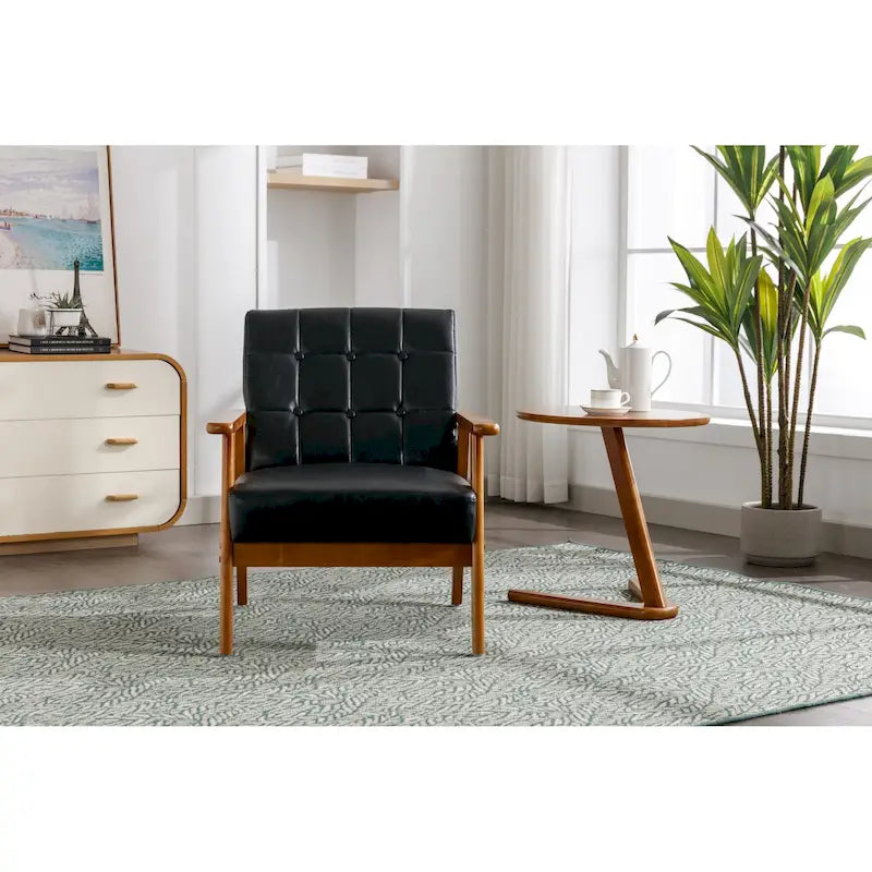 Fauteuil d'appoint capitonné en lin/PU pour salon/chambre à coucher avec pieds en bois