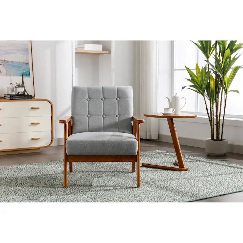 Fauteuil d'appoint capitonné en lin/PU pour salon/chambre à coucher avec pieds en bois