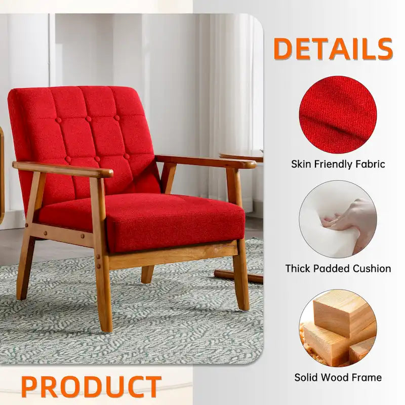 Fauteuil d'appoint capitonné en lin/PU pour salon/chambre à coucher avec pieds en bois