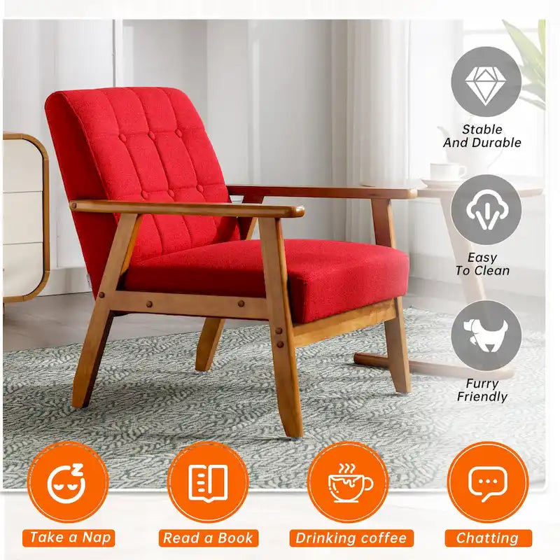 Fauteuil d'appoint capitonné en lin/PU pour salon/chambre à coucher avec pieds en bois