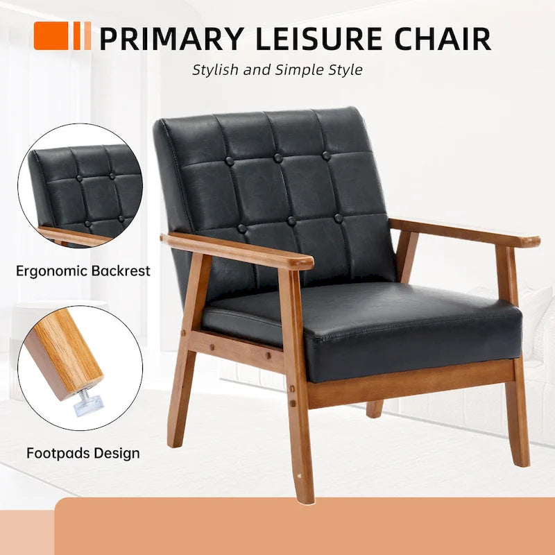 Fauteuil d'appoint capitonné en lin/PU pour salon/chambre à coucher avec pieds en bois
