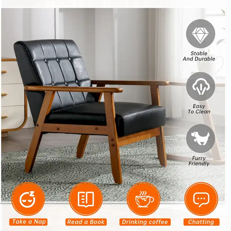 Fauteuil d'appoint capitonné en lin/PU pour salon/chambre à coucher avec pieds en bois