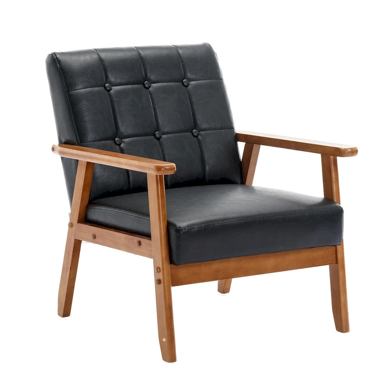 Fauteuil d'appoint capitonné en lin/PU pour salon/chambre à coucher avec pieds en bois