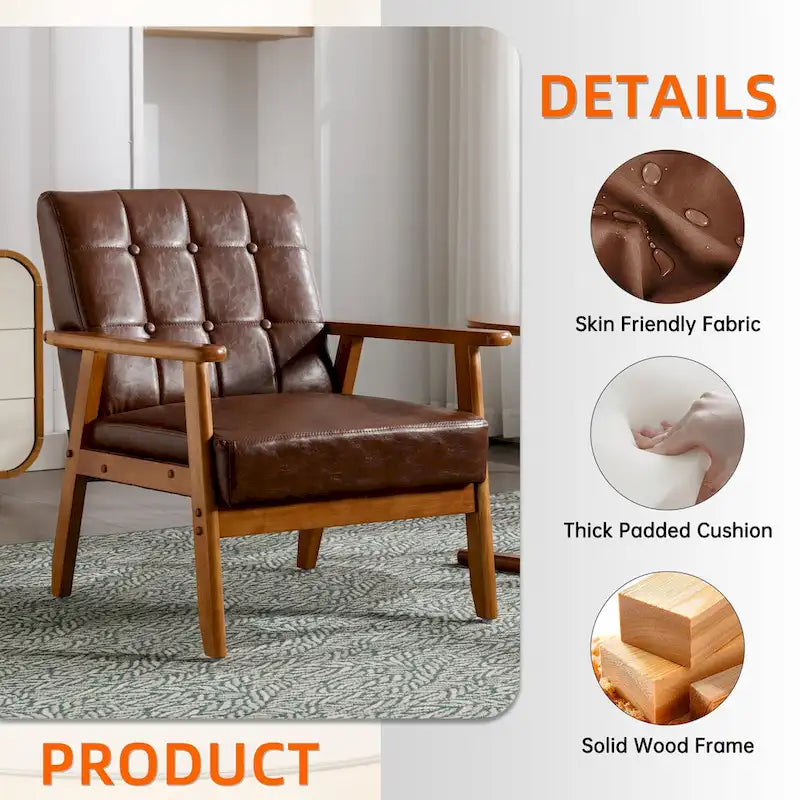 Fauteuil d'appoint capitonné en lin/PU pour salon/chambre à coucher avec pieds en bois