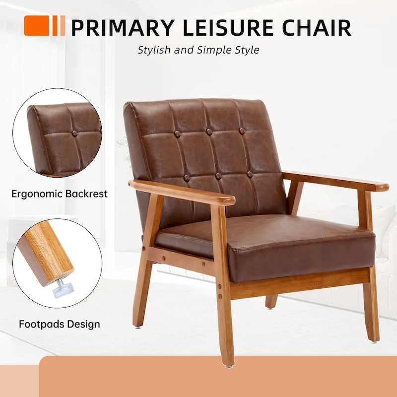 Fauteuil d'appoint capitonné en lin/PU pour salon/chambre à coucher avec pieds en bois