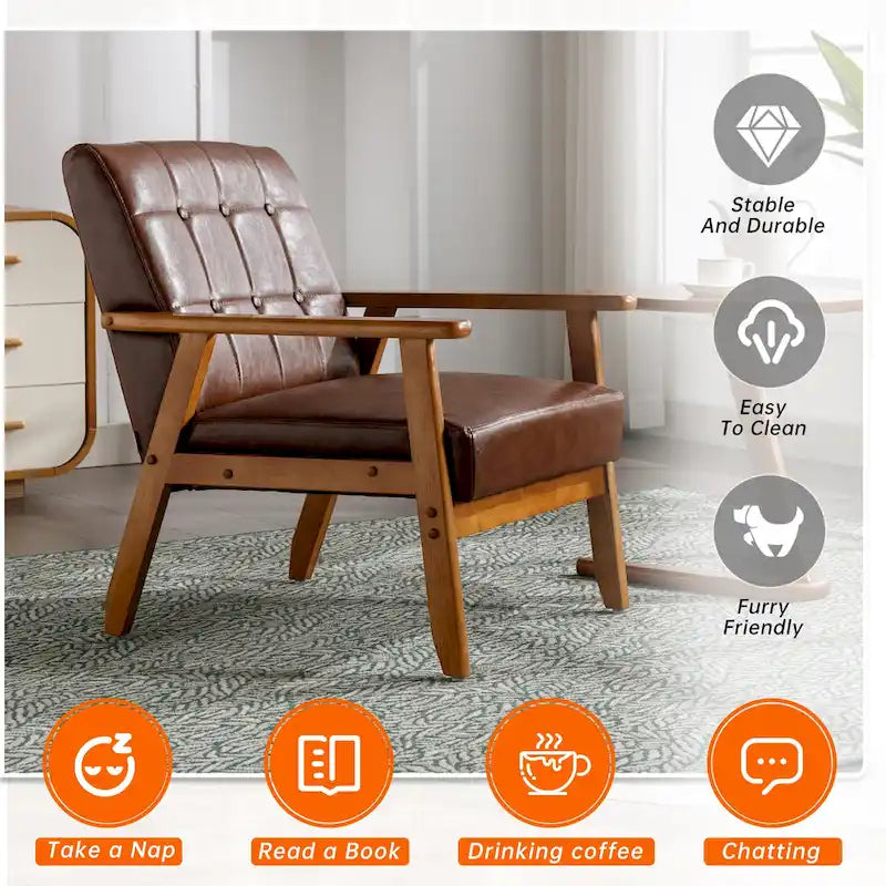 Fauteuil d'appoint capitonné en lin/PU pour salon/chambre à coucher avec pieds en bois