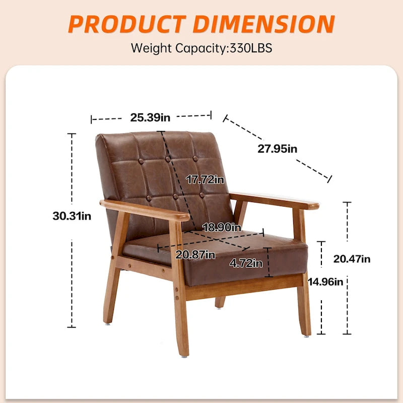 Fauteuil d'appoint capitonné en lin/PU pour salon/chambre à coucher avec pieds en bois