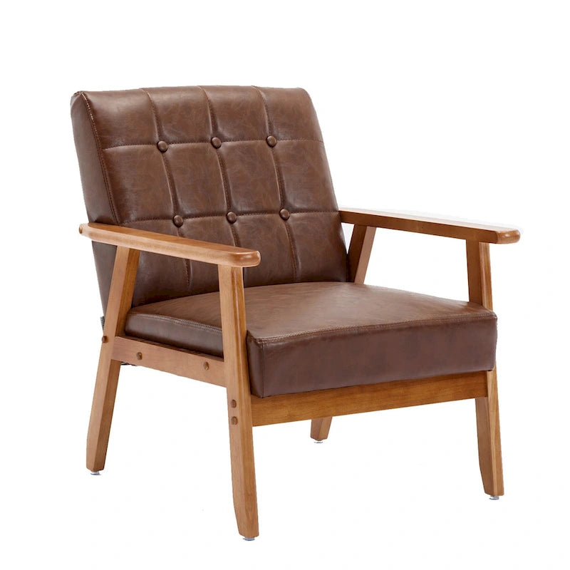 Fauteuil d'appoint capitonné en lin/PU pour salon/chambre à coucher avec pieds en bois