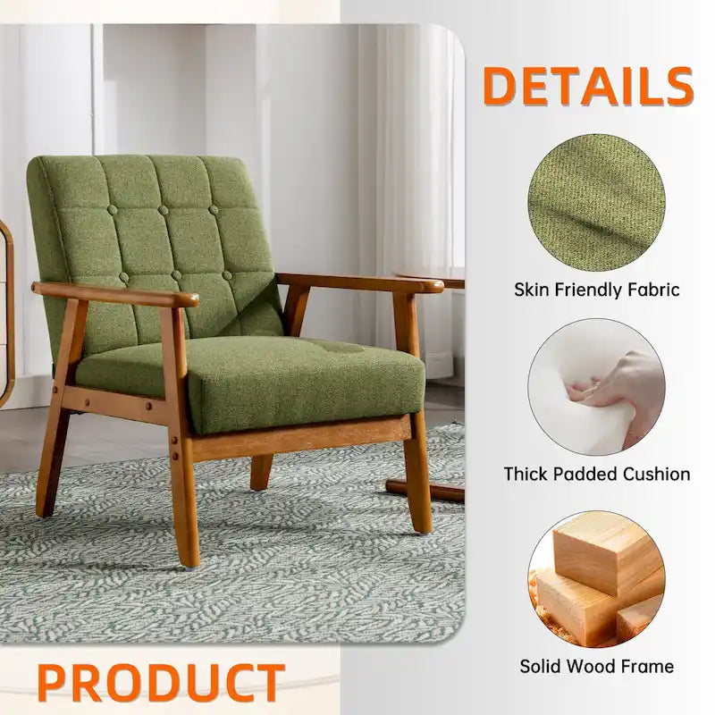 Fauteuil d'appoint capitonné en lin/PU pour salon/chambre à coucher avec pieds en bois