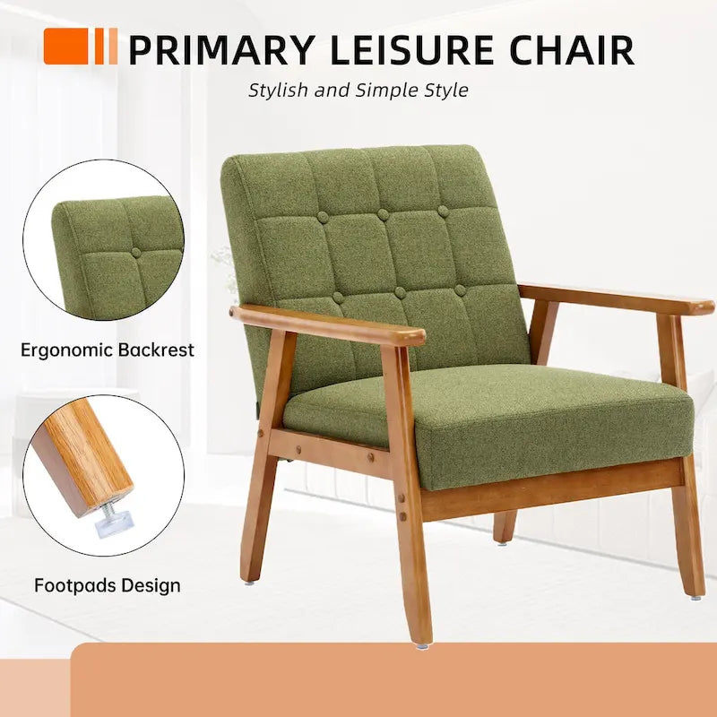 Fauteuil d'appoint capitonné en lin/PU pour salon/chambre à coucher avec pieds en bois