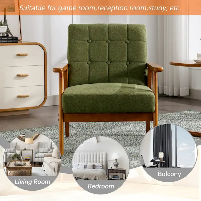 Fauteuil d'appoint capitonné en lin/PU pour salon/chambre à coucher avec pieds en bois