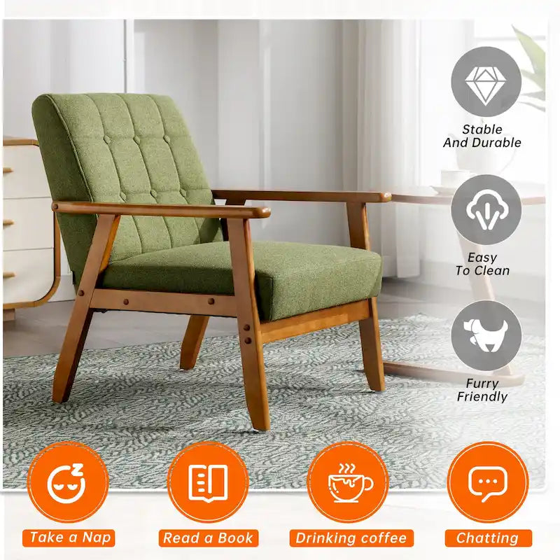 Fauteuil d'appoint capitonné en lin/PU pour salon/chambre à coucher avec pieds en bois