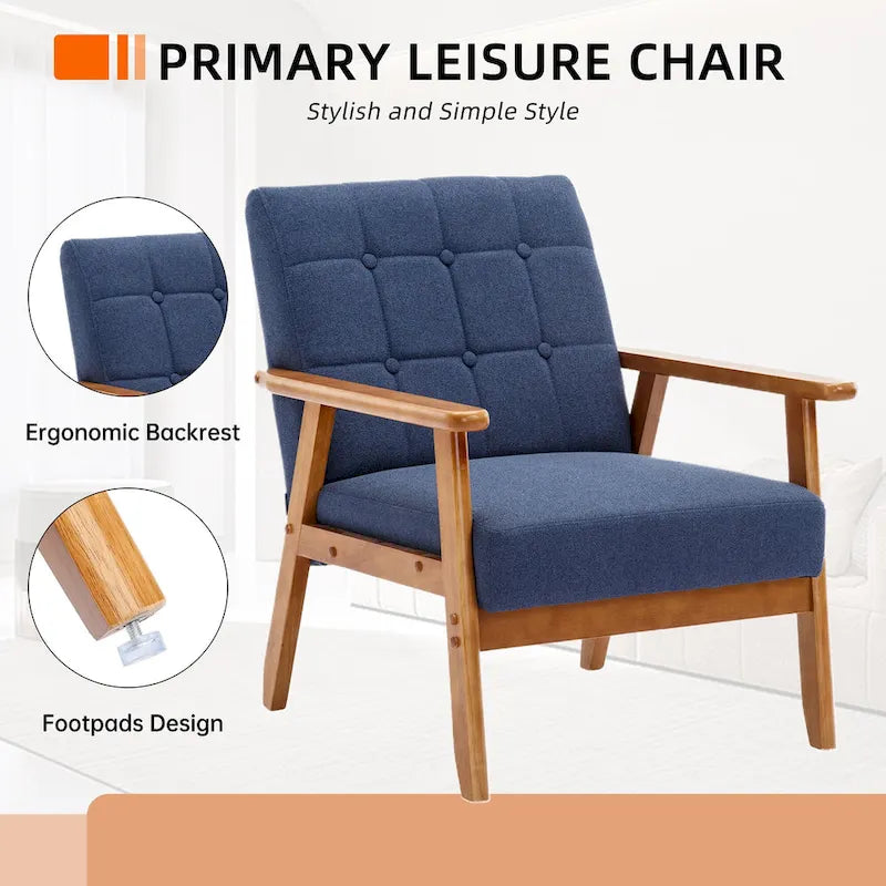 Fauteuil d'appoint capitonné en lin/PU pour salon/chambre à coucher avec pieds en bois