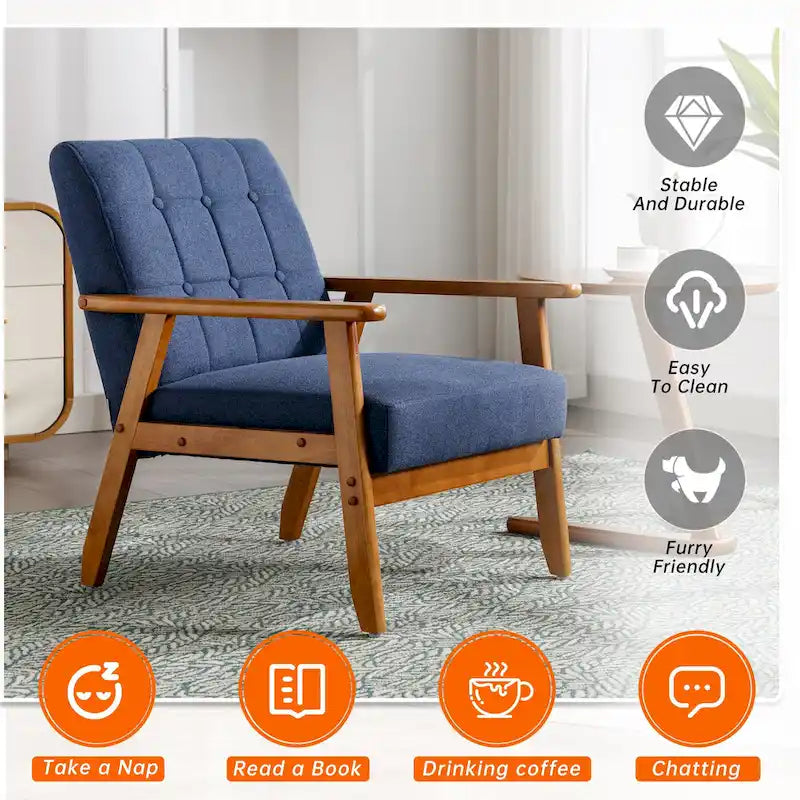 Fauteuil d'appoint capitonné en lin/PU pour salon/chambre à coucher avec pieds en bois