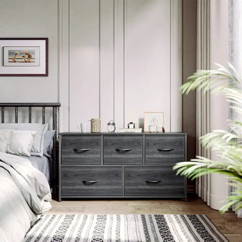 Commode de chambre horizontale à 5 tiroirs, commode pour enfant avec plateau en bois