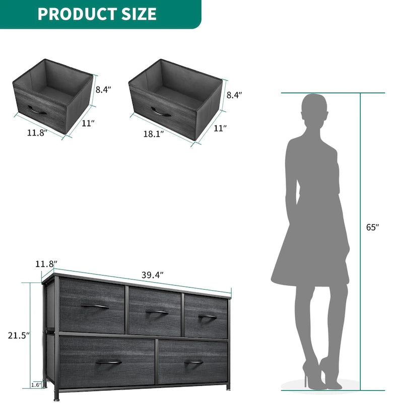 Commode de chambre horizontale à 5 tiroirs, commode pour enfant avec plateau en bois