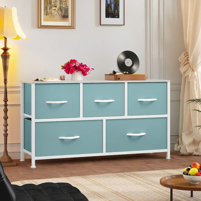 Commode de chambre horizontale à 5 tiroirs, commode pour enfant avec plateau en bois
