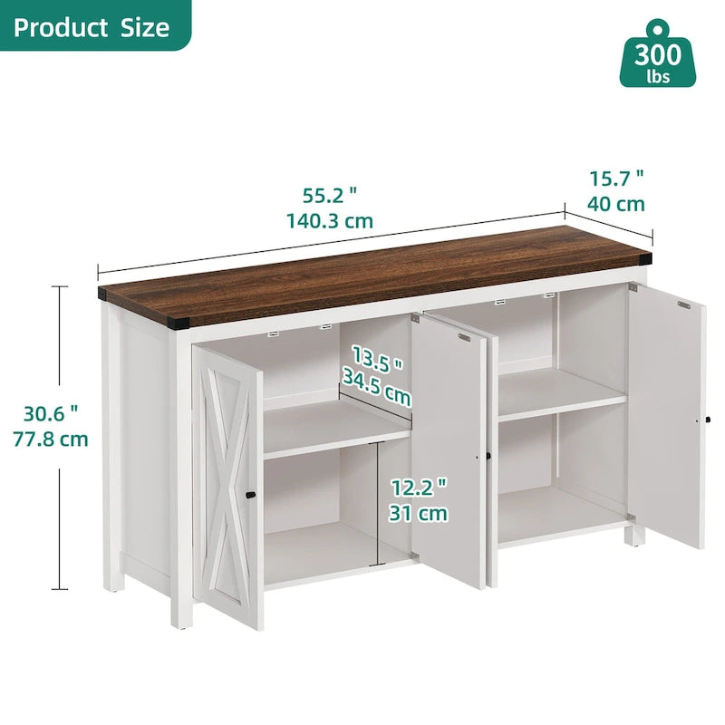 Buffet de salle à manger à quatre portes, style campagnard, 55 pouces