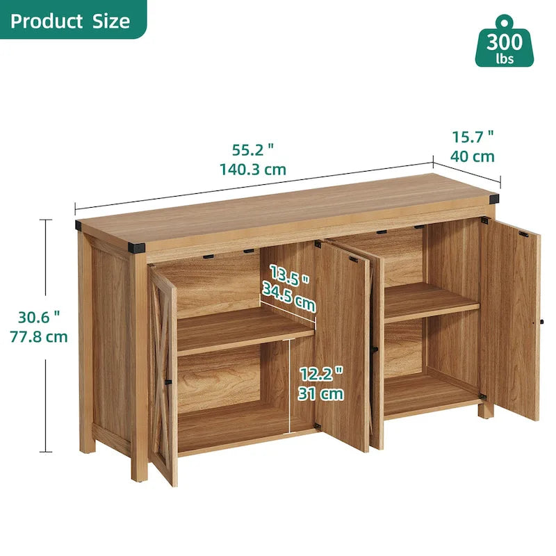 Buffet de salle à manger à quatre portes, style campagnard, 55 pouces
