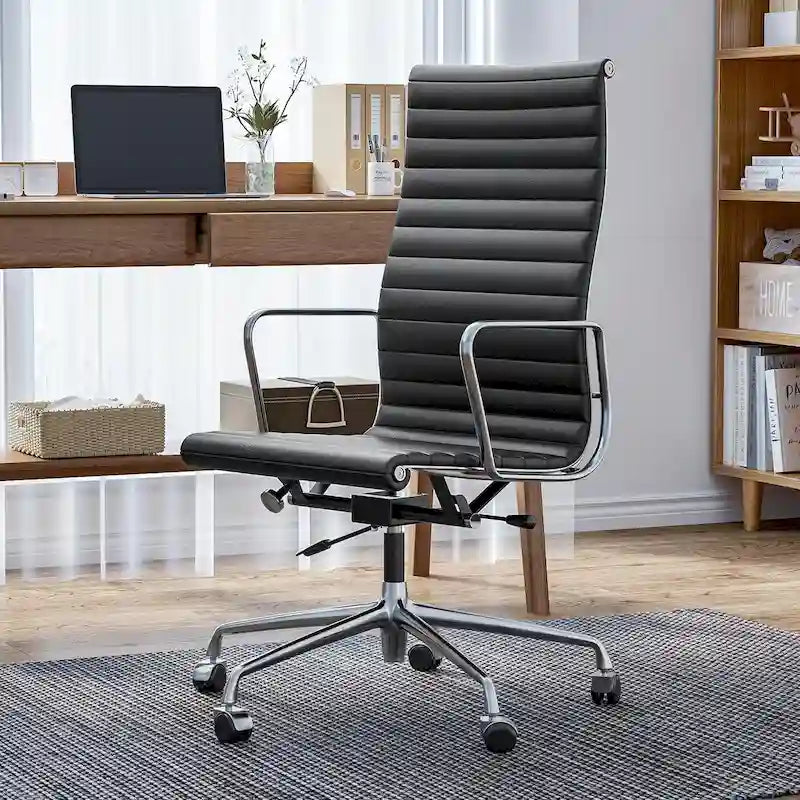 Chaise de bureau ergonomique en cuir véritable, dossier haut et côtelé - N/A