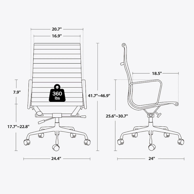 Chaise de bureau ergonomique en cuir véritable, dossier haut et côtelé - N/A